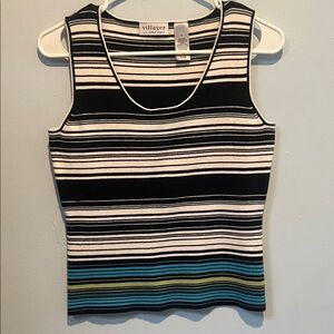 villager Black, White & Teal Striped Sleeveless Knit Tank